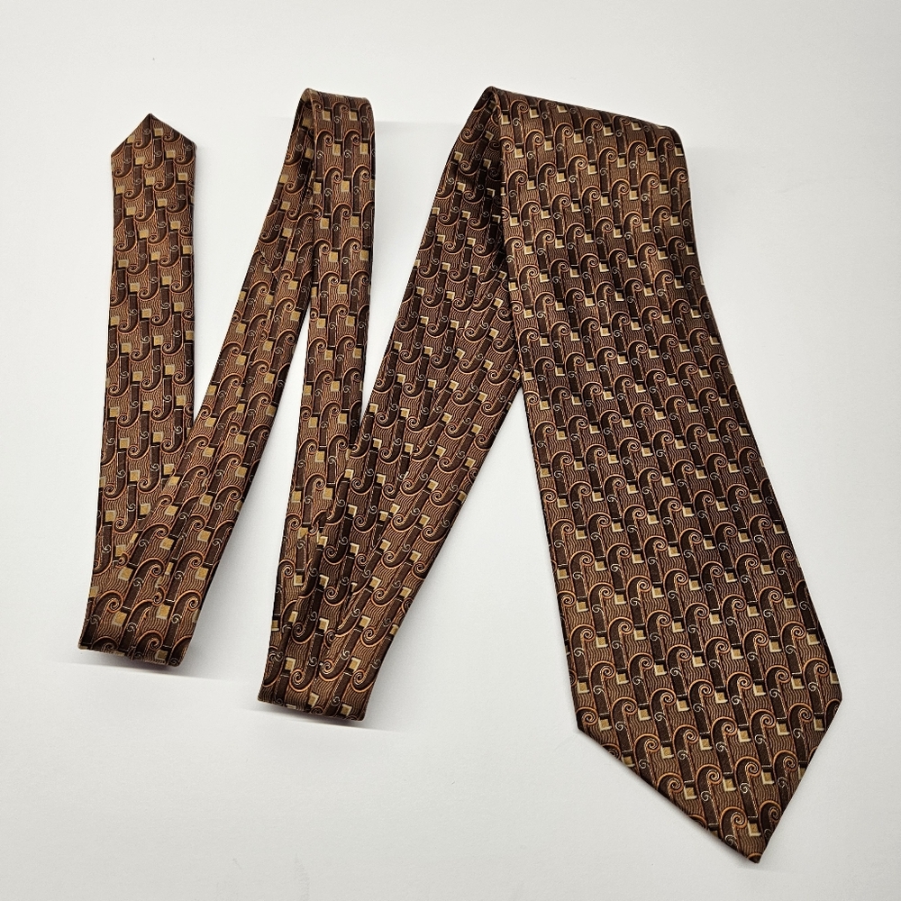 Lanvin Paris 100% Silk Tie Brown Geometric Scroll Pattern Made in France